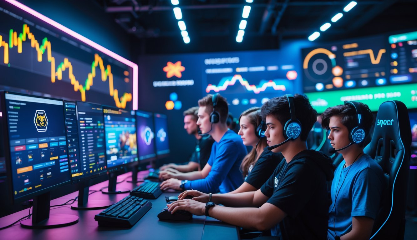 Sekelompok orang muda sedang fokus bermain dan memasang taruhan pada permainan esports di sebuah ruang bermain modern dengan layar komputer besar dan pencahayaan neon.