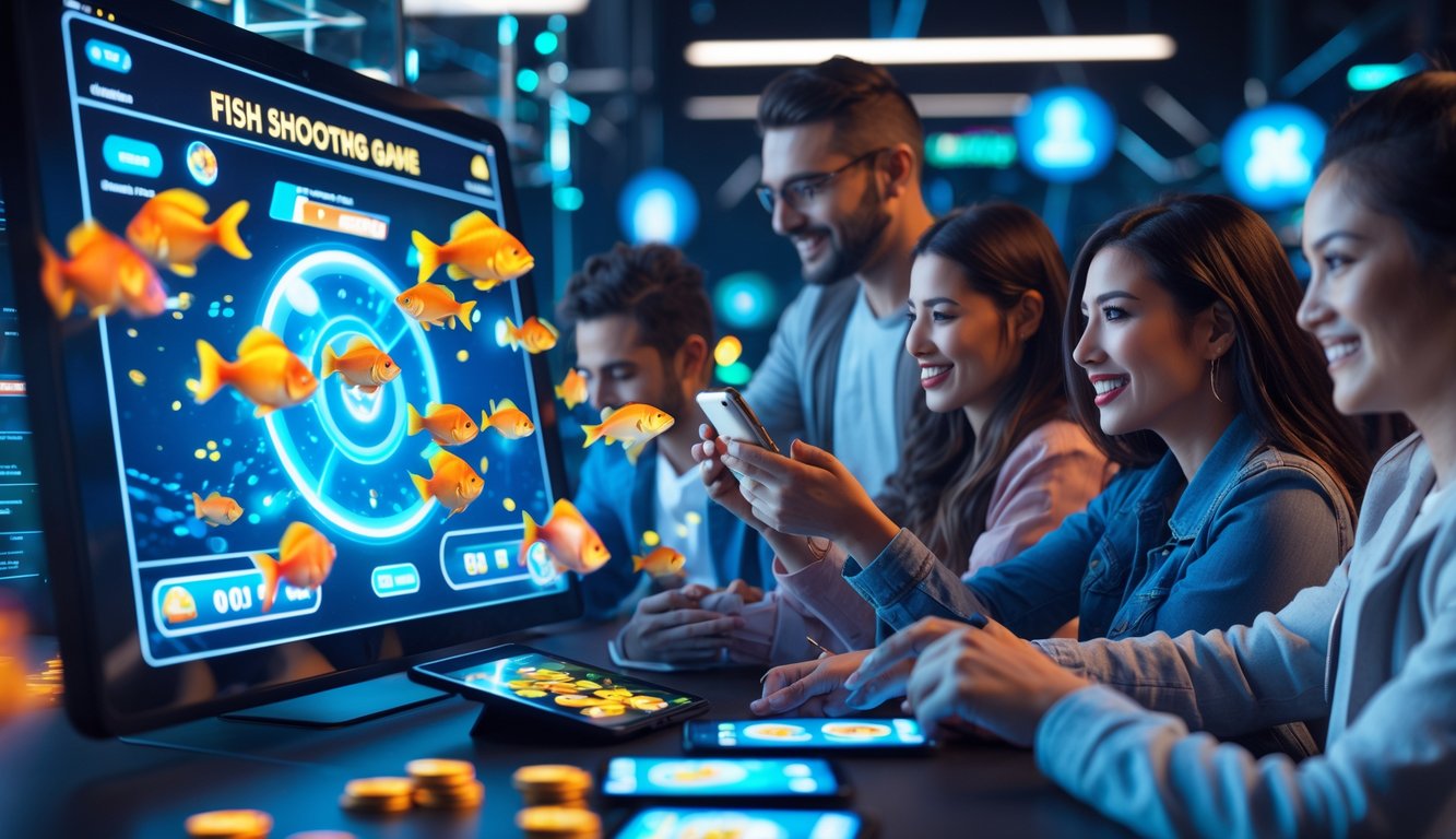 Orang-orang sedang bermain game tembak ikan online di perangkat digital dengan latar belakang suasana modern dan penuh warna.