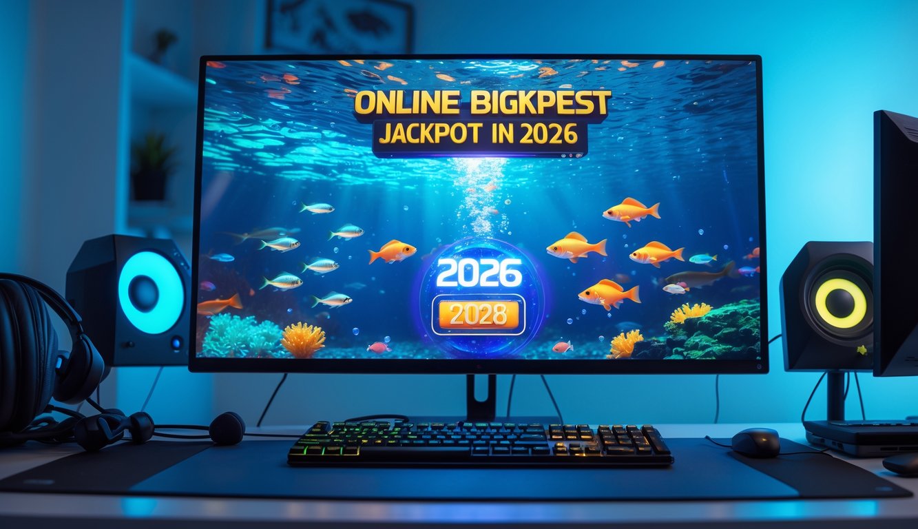 Seorang pemain sedang menggunakan komputer dengan tampilan permainan tembak ikan yang penuh warna dan layar jackpot digital yang menyala.