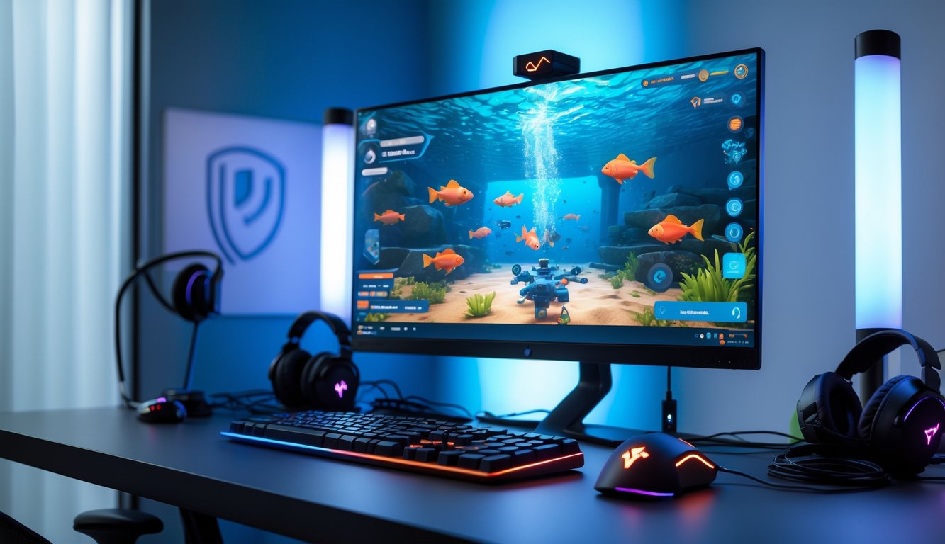 Meja kerja modern dengan komputer menampilkan permainan ikan digital dan aksesori gaming di sekitarnya.