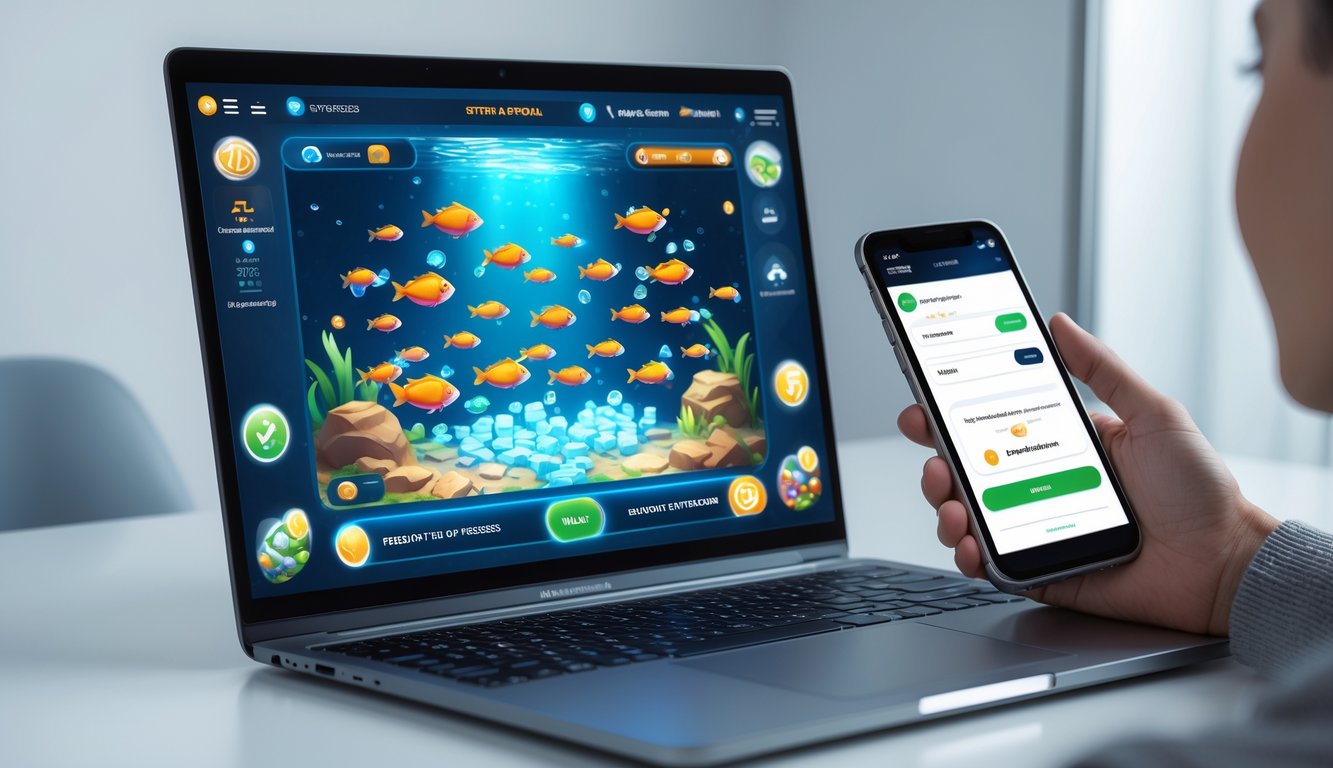 Seseorang menggunakan ponsel dengan aplikasi dompet elektronik di depan layar komputer yang menampilkan permainan tembak ikan online.