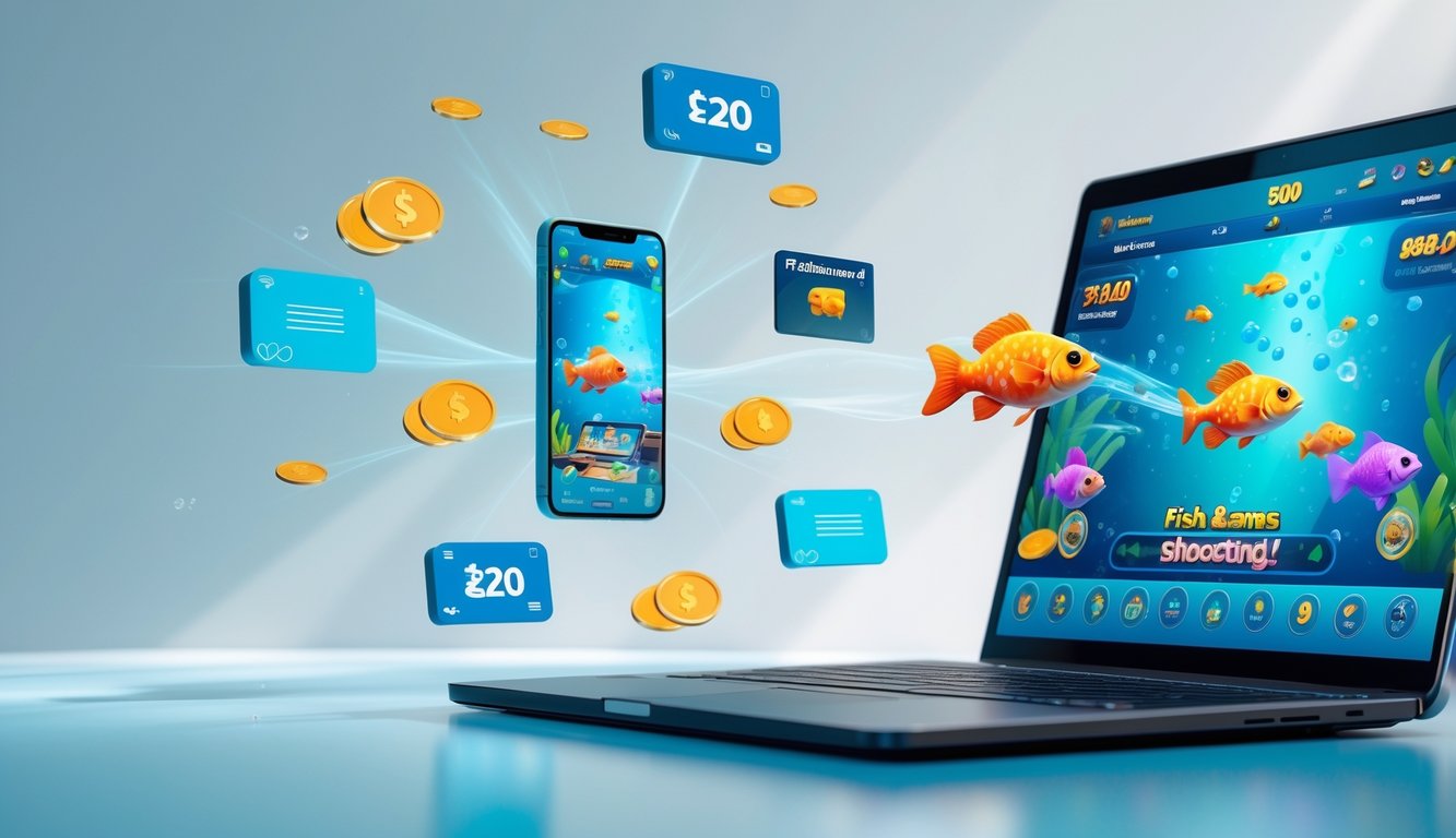 Sebuah komputer menampilkan permainan tembak ikan dengan latar bawah laut dan ikon pembayaran digital di sekitarnya.
