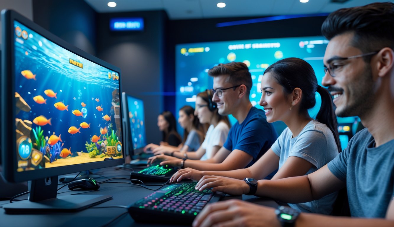 Beberapa orang muda sedang bermain game menembak ikan di komputer dalam ruangan gaming yang modern dan terang.