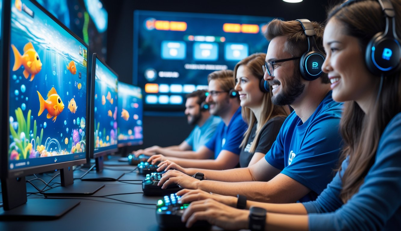 Beberapa orang dewasa sedang bermain game tembak ikan di komputer dengan latar bawah laut berwarna-warni di ruangan gaming yang terang.