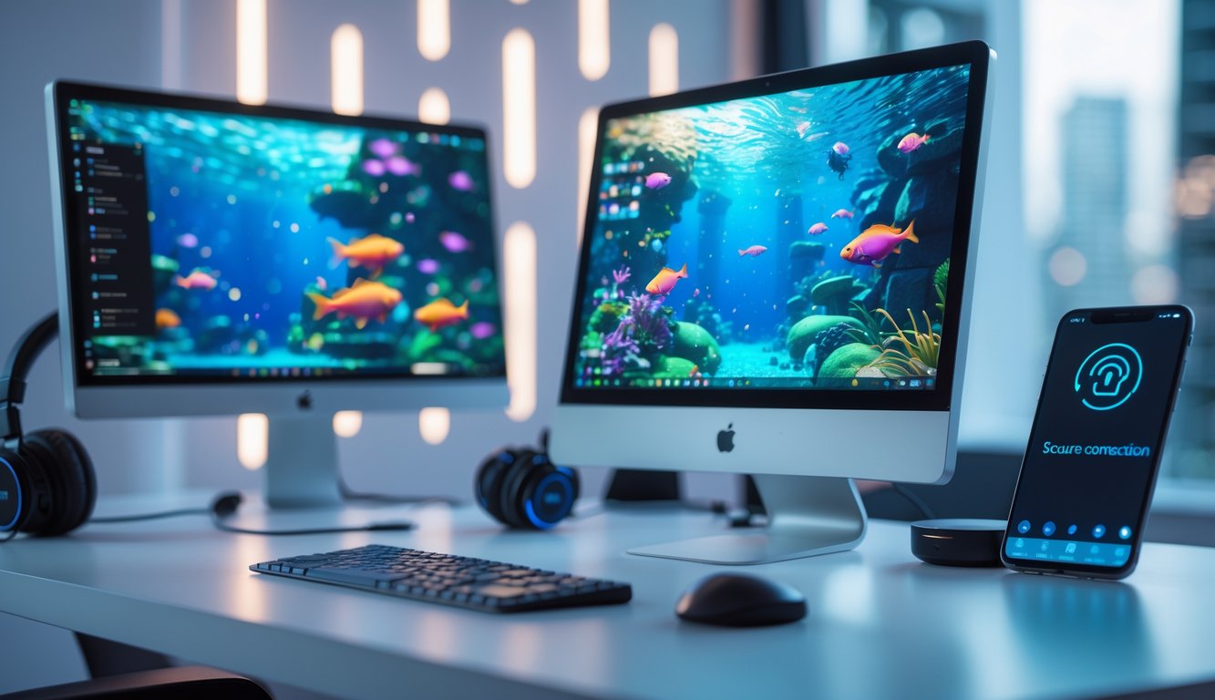 Suasana ruang kerja digital dengan komputer dan laptop yang menampilkan permainan ikan di layar, dikelilingi aksesori teknologi seperti mouse dan headphone.
