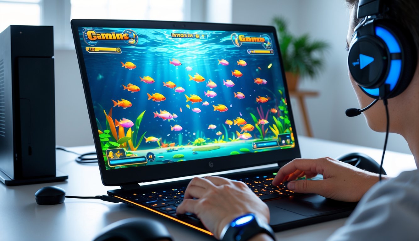 Seseorang bermain game tembak ikan di komputer dengan layar penuh warna ikan dan suasana ruangan yang nyaman.