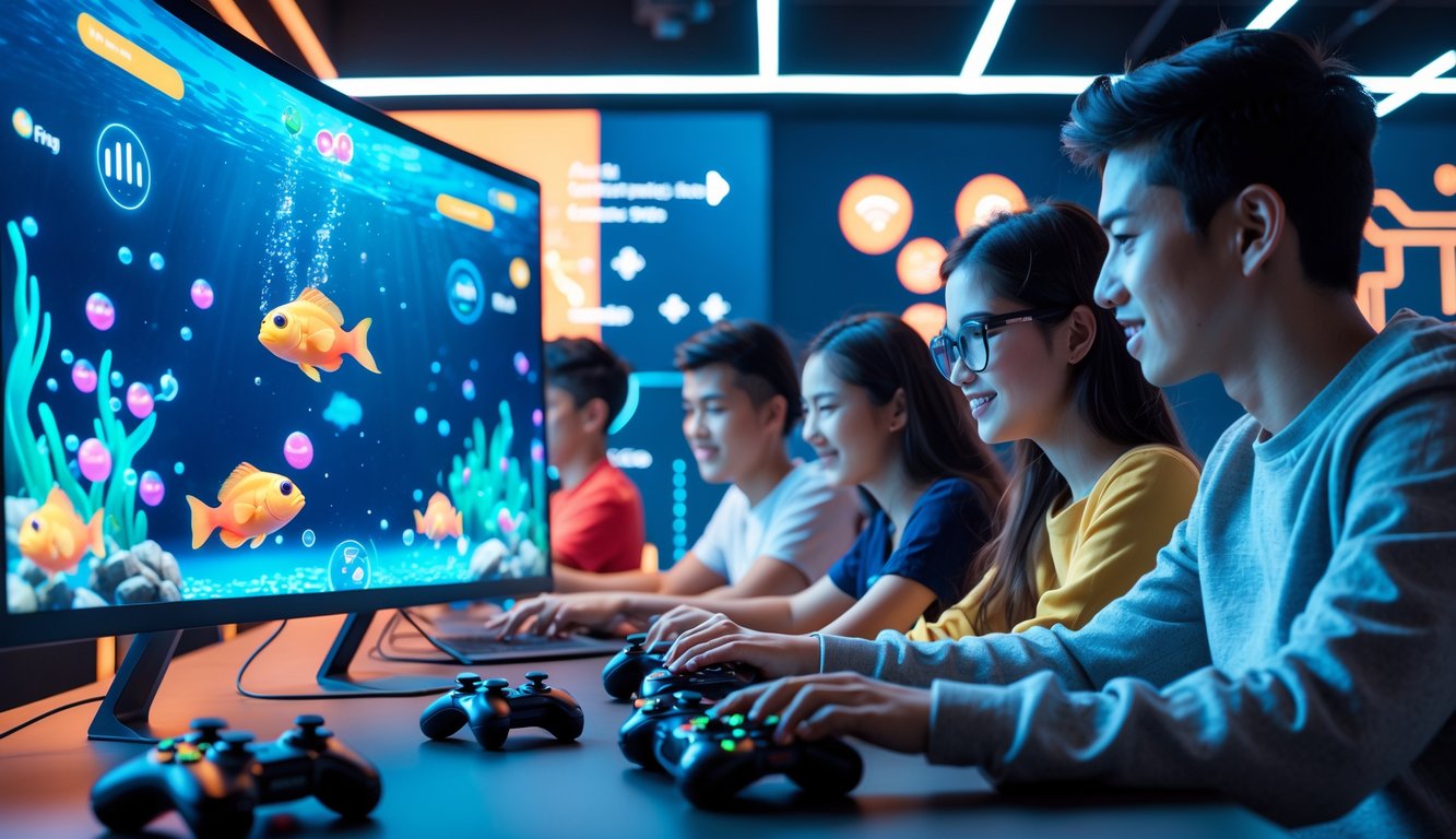 Beberapa orang muda sedang bermain game menembak ikan secara online di sebuah ruangan dengan monitor besar dan grafik bawah laut yang berwarna-warni.