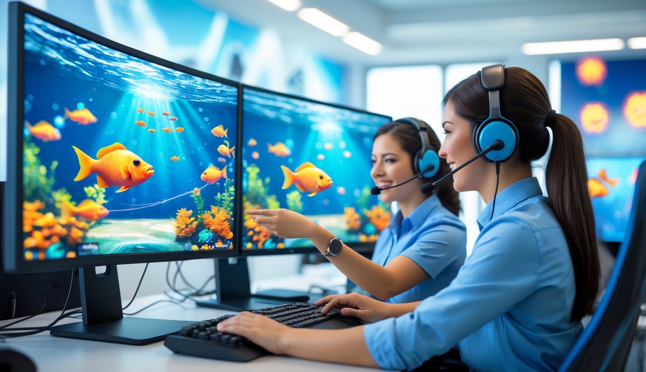 Seorang customer service dengan headset membantu pemain di depan komputer dengan layar menampilkan permainan menembak ikan dalam suasana kantor yang terang.