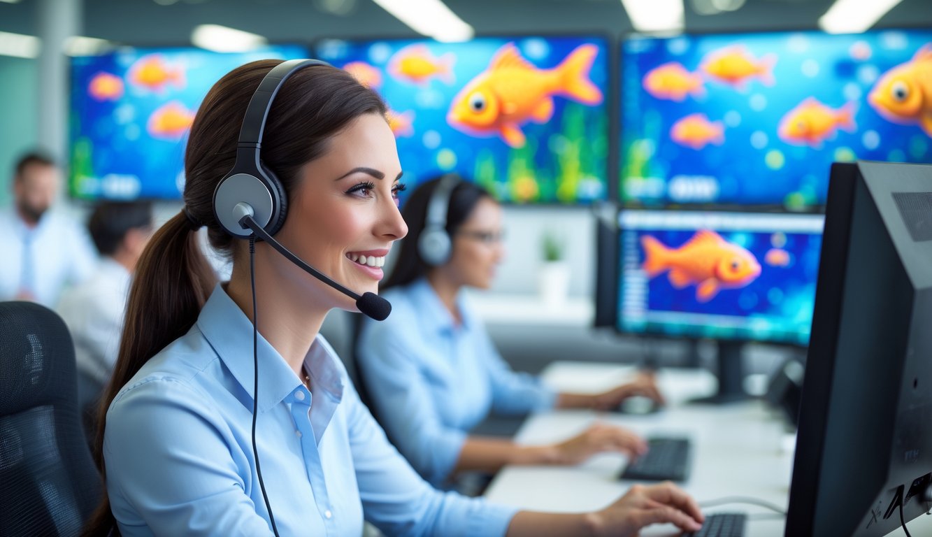 Seorang petugas layanan pelanggan yang ramah dengan headset di pusat layanan yang modern, di latar belakang tampak layar komputer dengan permainan tembak ikan online.