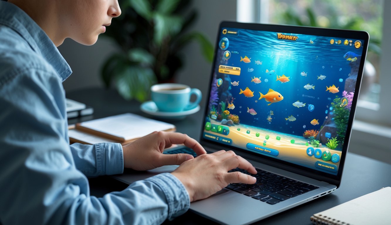 Seorang pemula sedang mendaftar di platform permainan tembak ikan online menggunakan laptop di meja kerja dengan suasana rumah yang nyaman.