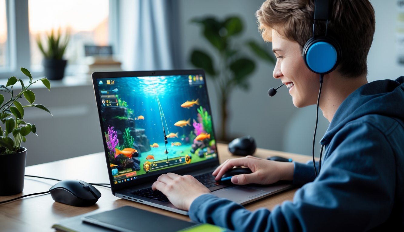 Seorang pemula sedang menggunakan laptop untuk bermain game tembak ikan online di ruang kerja yang nyaman.