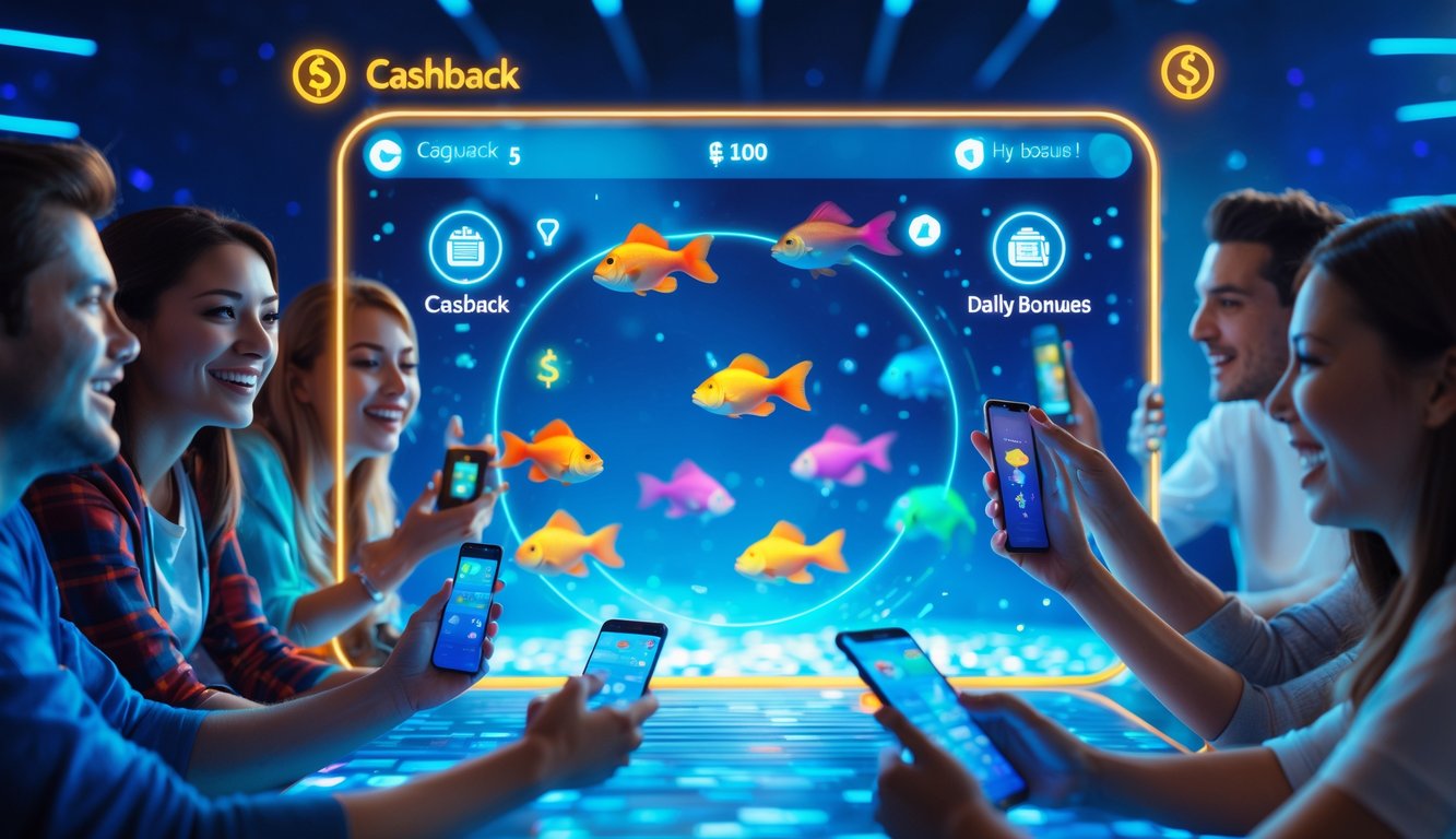 Sejumlah orang bermain game tembak ikan online dengan latar belakang bawah laut dan animasi ikan berwarna-warni, menunjukkan suasana permainan yang seru dan interaktif.