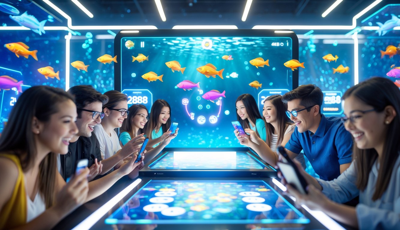 Beberapa orang muda sedang bermain game tembak ikan online dengan latar belakang bertema bawah laut dan animasi ikan berwarna-warni.