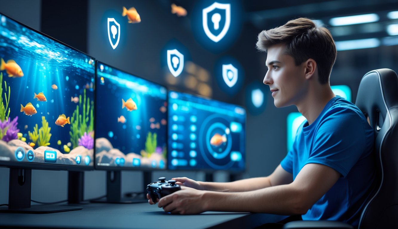 Seorang pria muda sedang bermain game tembak ikan online di depan beberapa layar dengan grafik bawah laut, di latar belakang terdapat simbol keamanan digital.