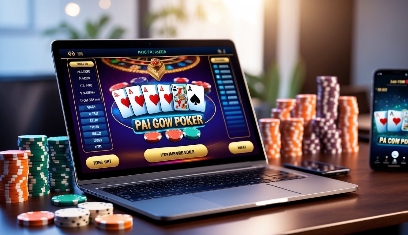 Seorang pemain menggunakan laptop dan ponsel untuk bermain Pai Gow Poker online dengan tumpukan chip poker di meja.