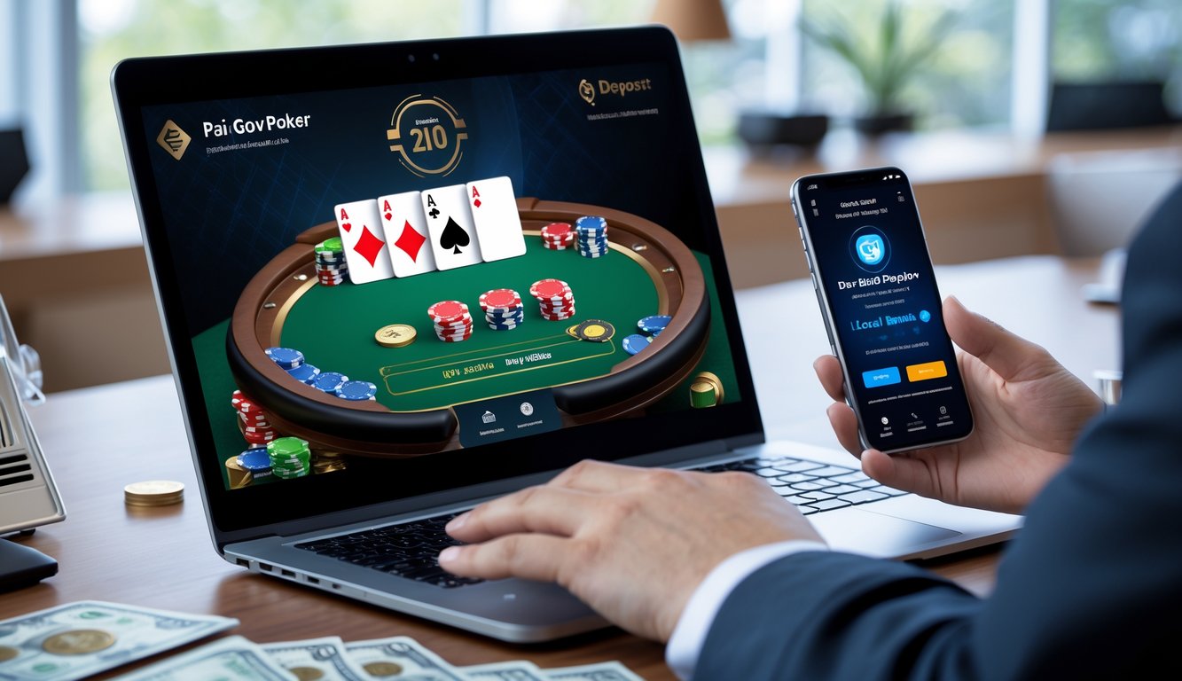 Seorang pemain menggunakan komputer dan smartphone untuk bermain Pai Gow Poker online dengan tampilan deposit bank lokal yang aktif.