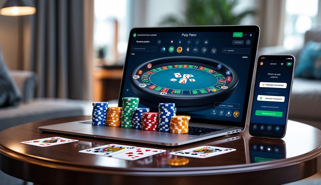 Seorang pemain menggunakan laptop dan ponsel untuk bermain Pai Gow Poker online dengan chip poker dan kartu di atas meja kayu.
