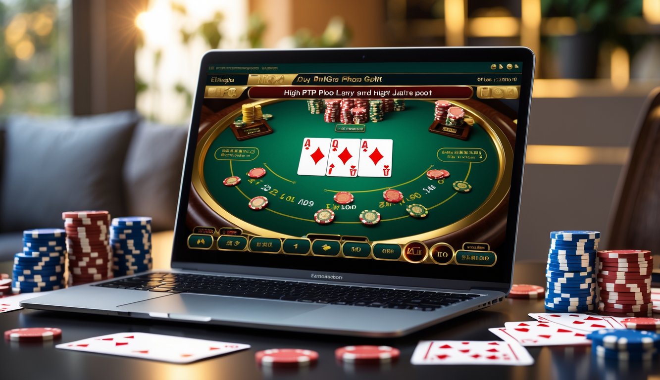 Seorang pemain sedang menggunakan komputer dengan permainan Pai Gow Poker online yang menampilkan kartu dan chip di meja permainan.