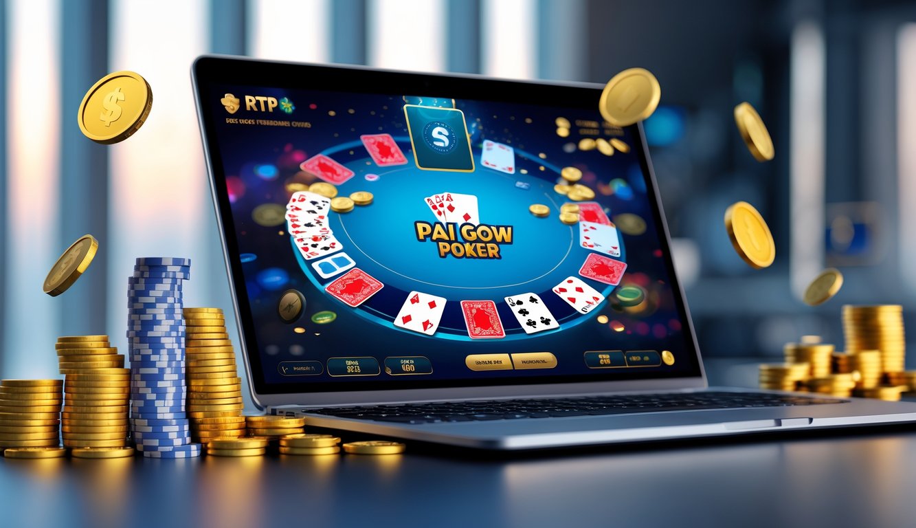 Seorang pemain sedang bermain Pai Gow Poker online di komputer dengan tumpukan chip dan koin emas di sekitarnya.