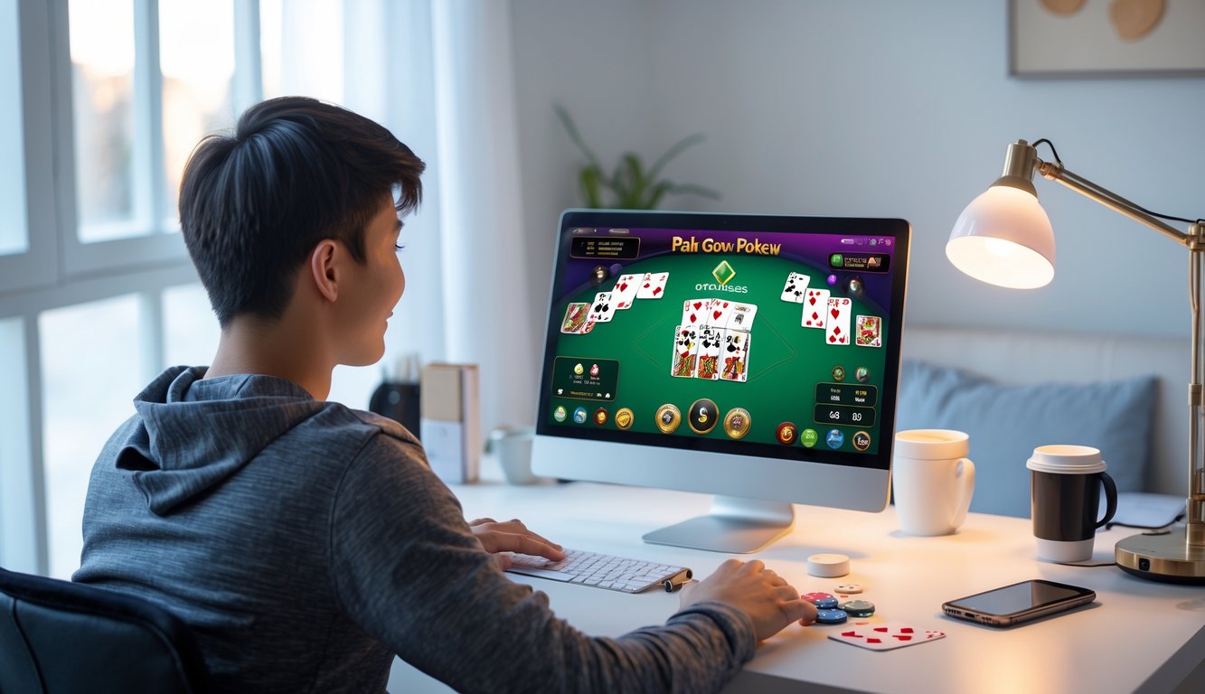 Seseorang muda bermain permainan Pai Gow Poker online di laptop dengan chip poker dan kartu di meja.