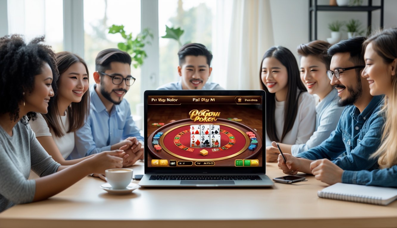 Sekelompok orang muda sedang bermain permainan Pai Gow Poker online di laptop di ruang kerja rumah yang terang.