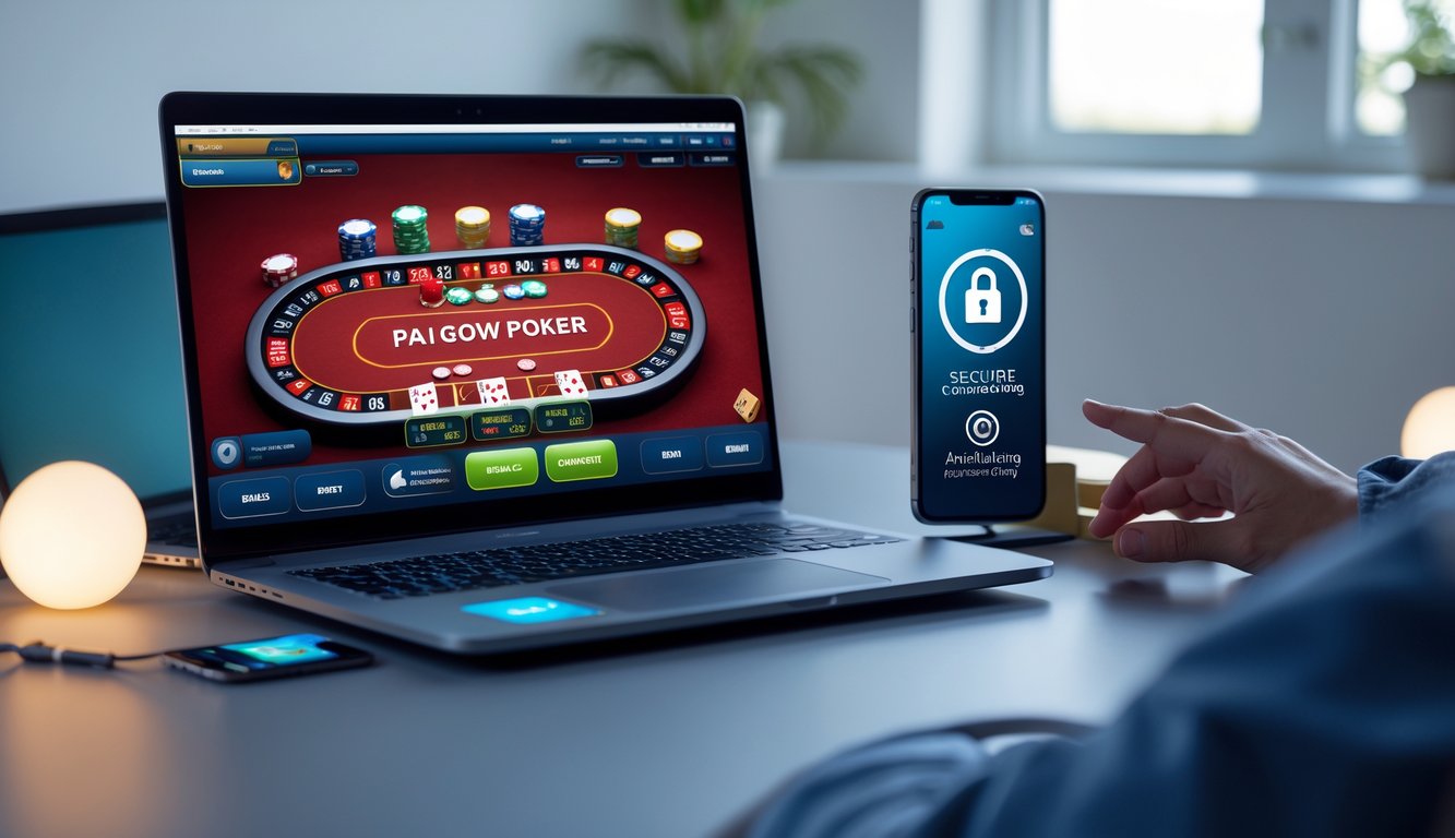 Seorang pemain menggunakan laptop dan ponsel untuk bermain Pai Gow Poker online di ruang kerja yang rapi.