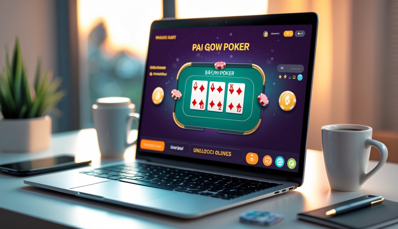 Seorang pengguna sedang bermain Pai Gow Poker online di laptop dengan kartu dan chip poker terlihat di layar, di meja terdapat telepon dan secangkir kopi.