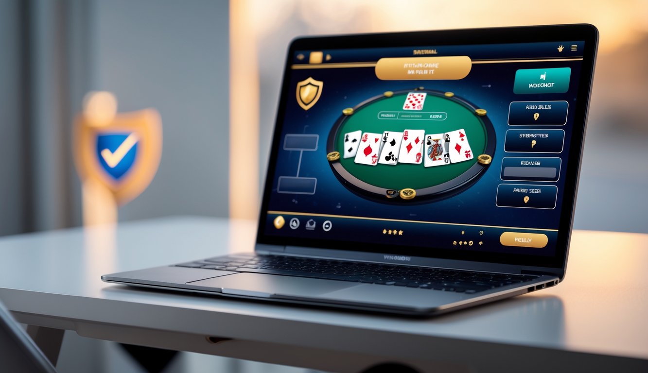 Layar laptop menampilkan permainan Pai Gow Poker online dengan kartu dan chip, di atas meja bersih dengan latar belakang buram.