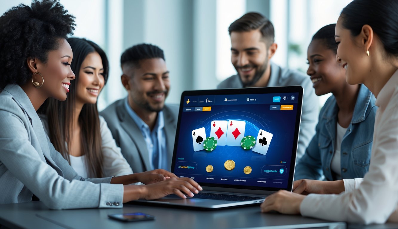 Beberapa orang dewasa bermain poker online bersama di depan komputer di ruangan yang terang dan modern.