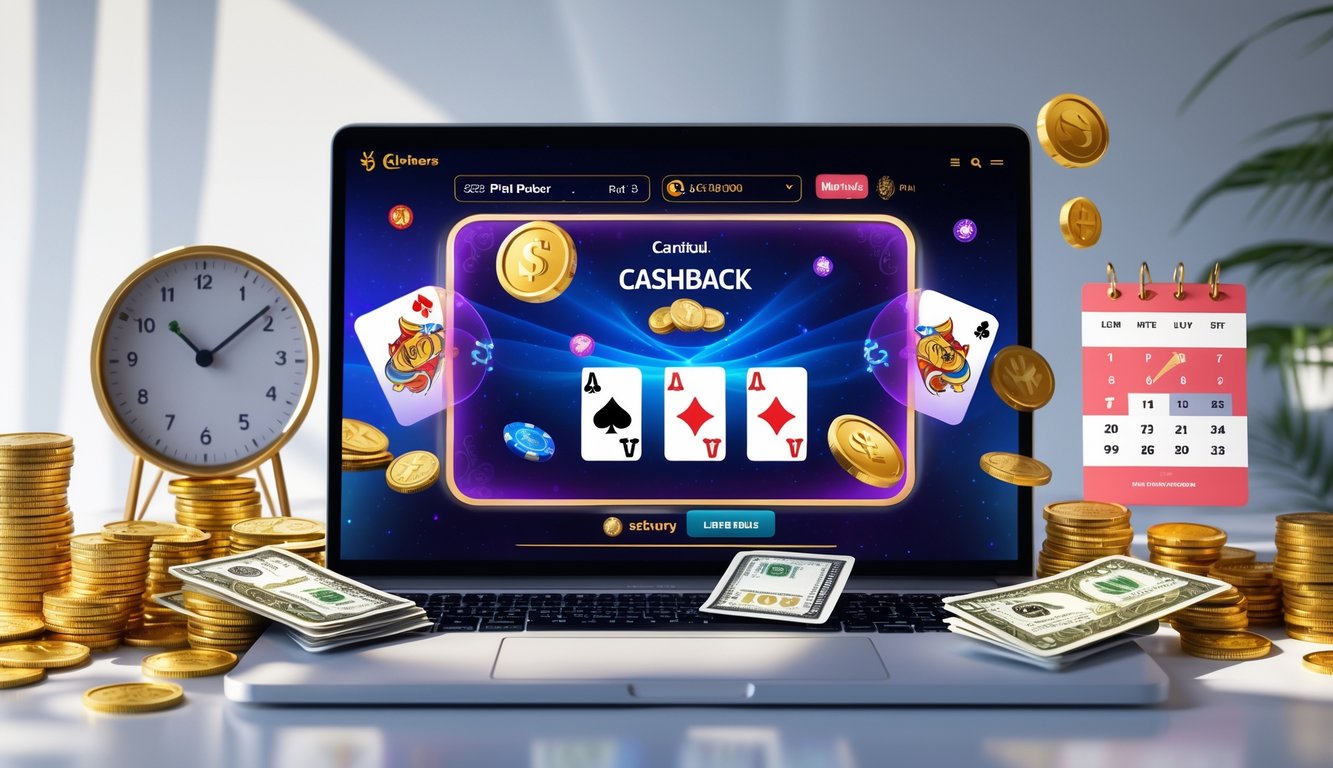 Seorang pemain menggunakan komputer dengan tampilan permainan Pai Gow Poker online, dikelilingi oleh chip poker dan koin emas yang melambangkan promo cashback harian.
