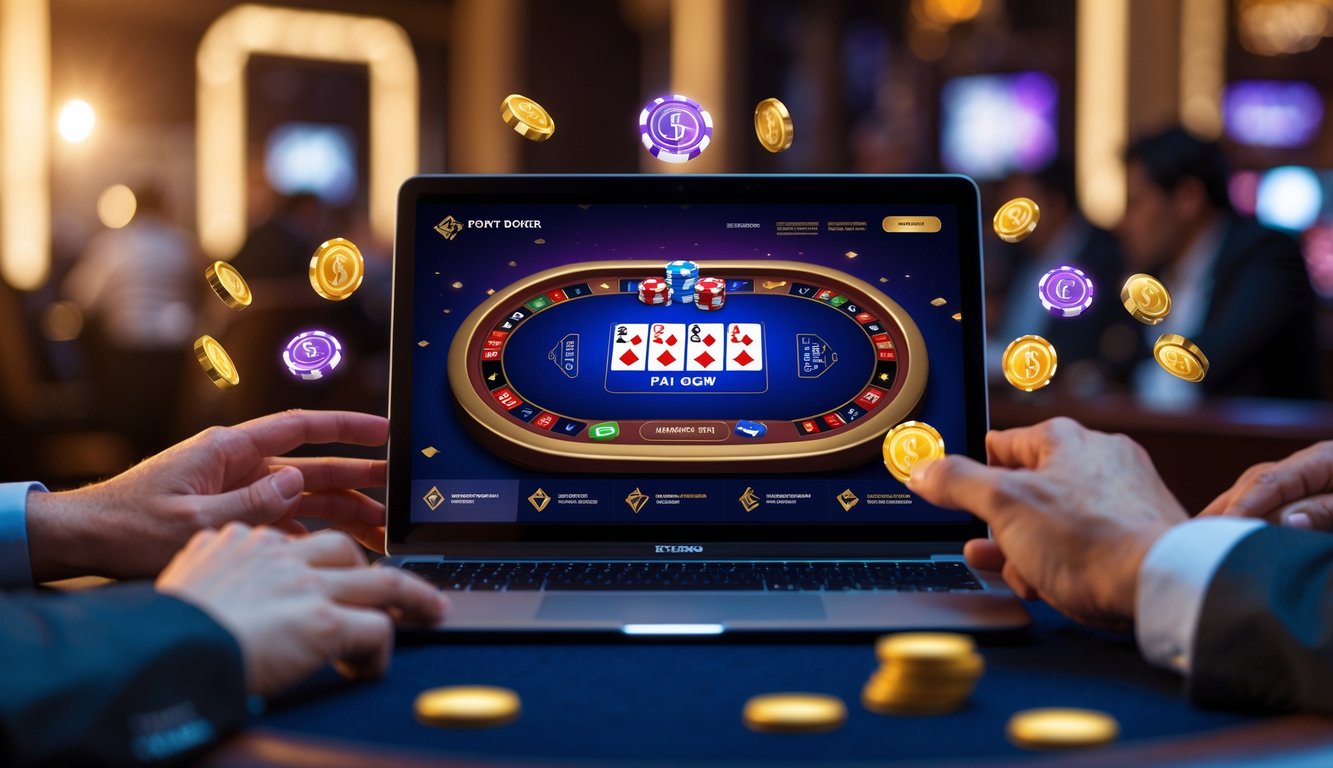 Seorang pemain menggunakan perangkat digital untuk bermain Pai Gow Poker online dengan latar belakang suasana kasino yang hangat dan elemen koin cashback digital di sekitarnya.