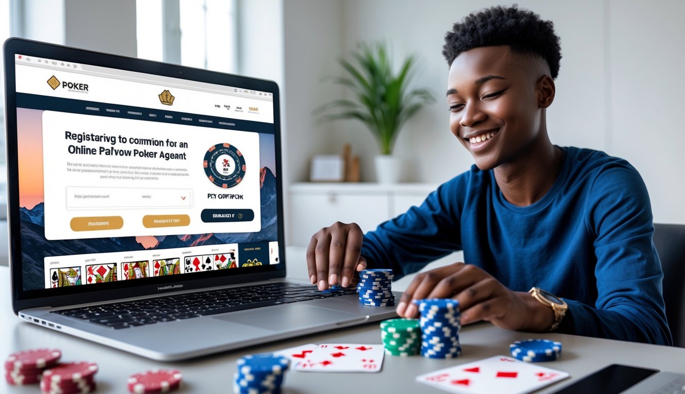 Seseorang duduk di depan laptop dan ponsel dengan kartu remi dan chip poker di meja, tampak santai dan fokus pada permainan poker online.