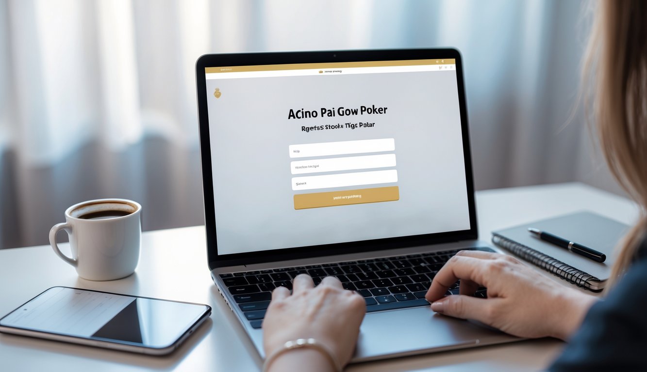 Seseorang sedang duduk di depan laptop dengan tangan di atas keyboard, menyiapkan pendaftaran akun online di meja kerja yang rapi dengan beberapa alat tulis dan secangkir kopi.