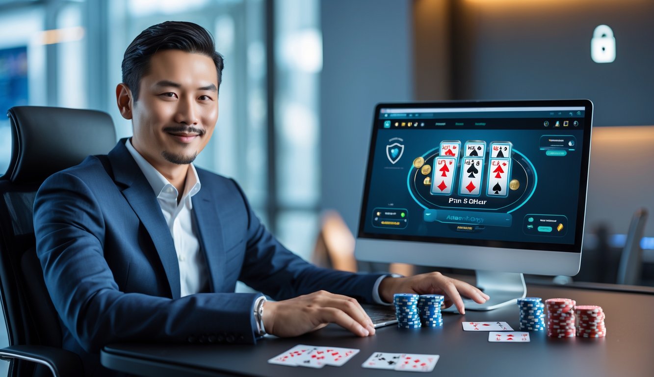 Seorang pria Asia duduk di meja dengan laptop yang menampilkan permainan poker online, di sekitarnya terdapat chip poker dan kartu bermain.