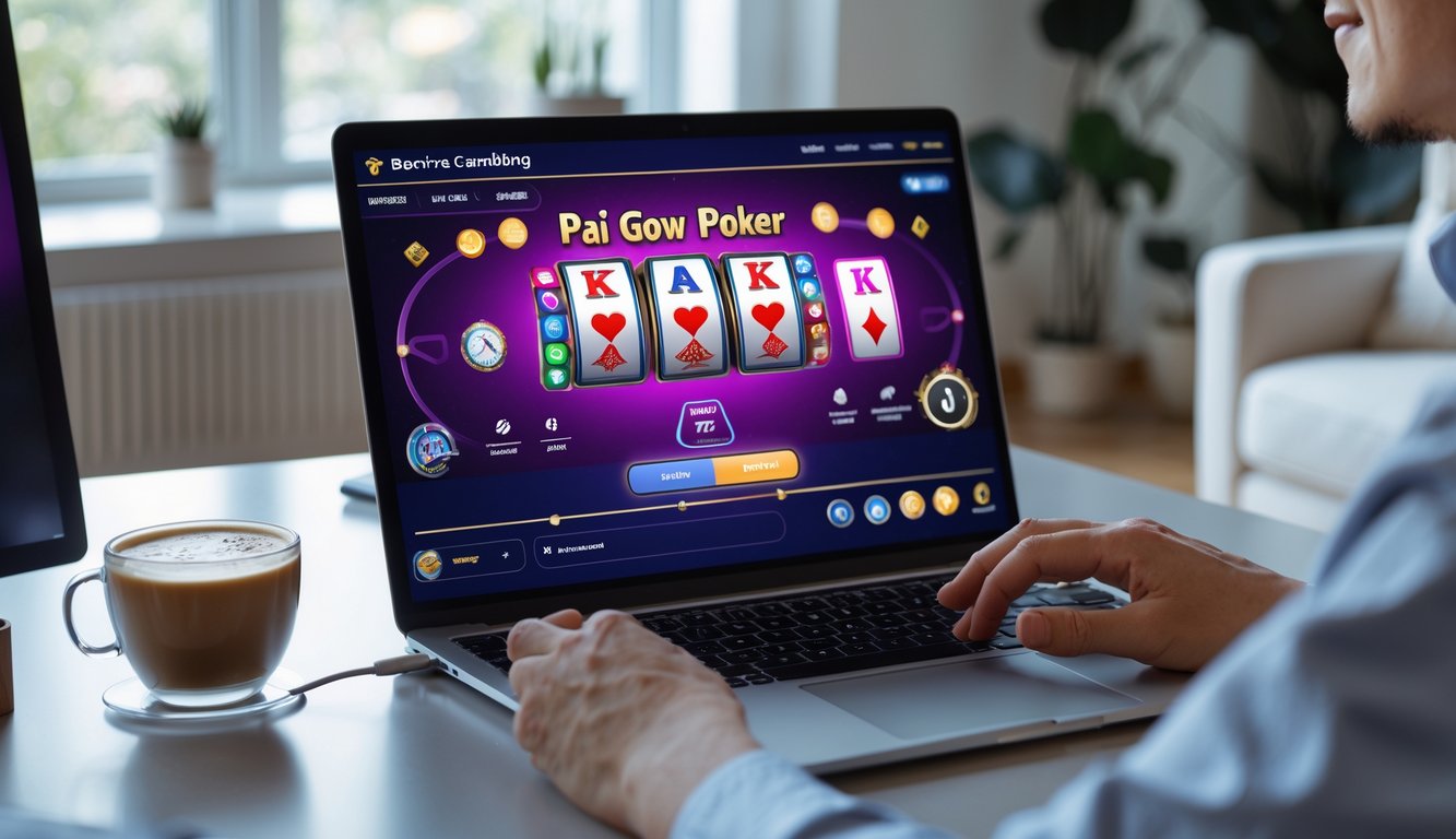 Seorang pengguna bermain Pai Gow Poker online di laptop dengan suasana ruangan yang terang dan nyaman.