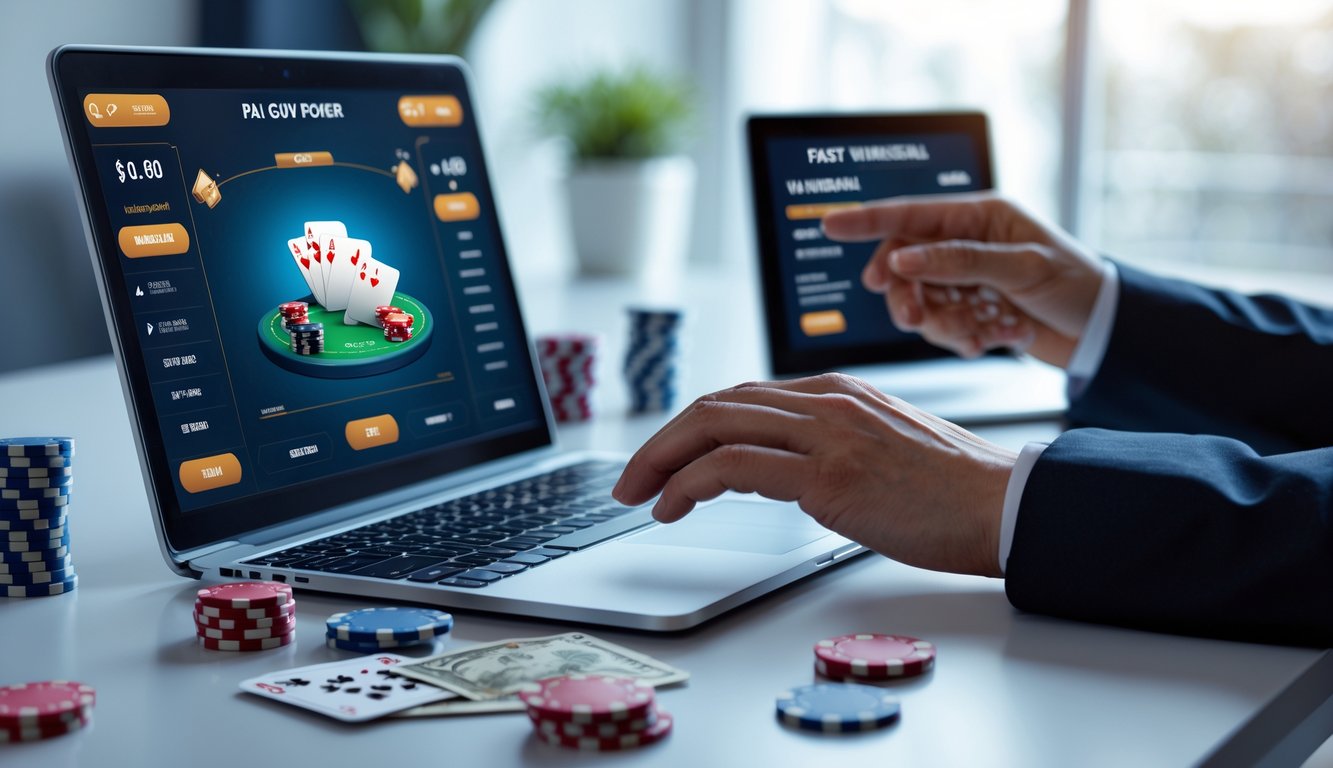 Seseorang bermain Pai Gow Poker online di laptop dengan chip poker dan kartu di meja, menunjukkan proses penarikan cepat.