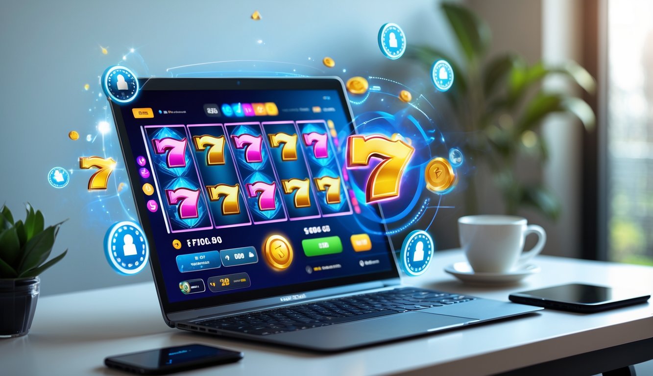 Seorang pengguna sedang bermain mesin slot online di komputer dengan latar meja kerja yang rapi dan pencahayaan terang.