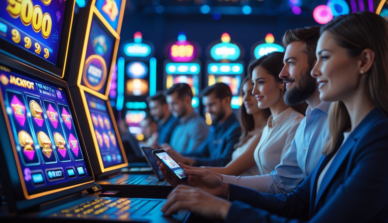Sekelompok orang menggunakan perangkat digital dengan latar permainan mesin slot online dan simbol jackpot yang cerah.