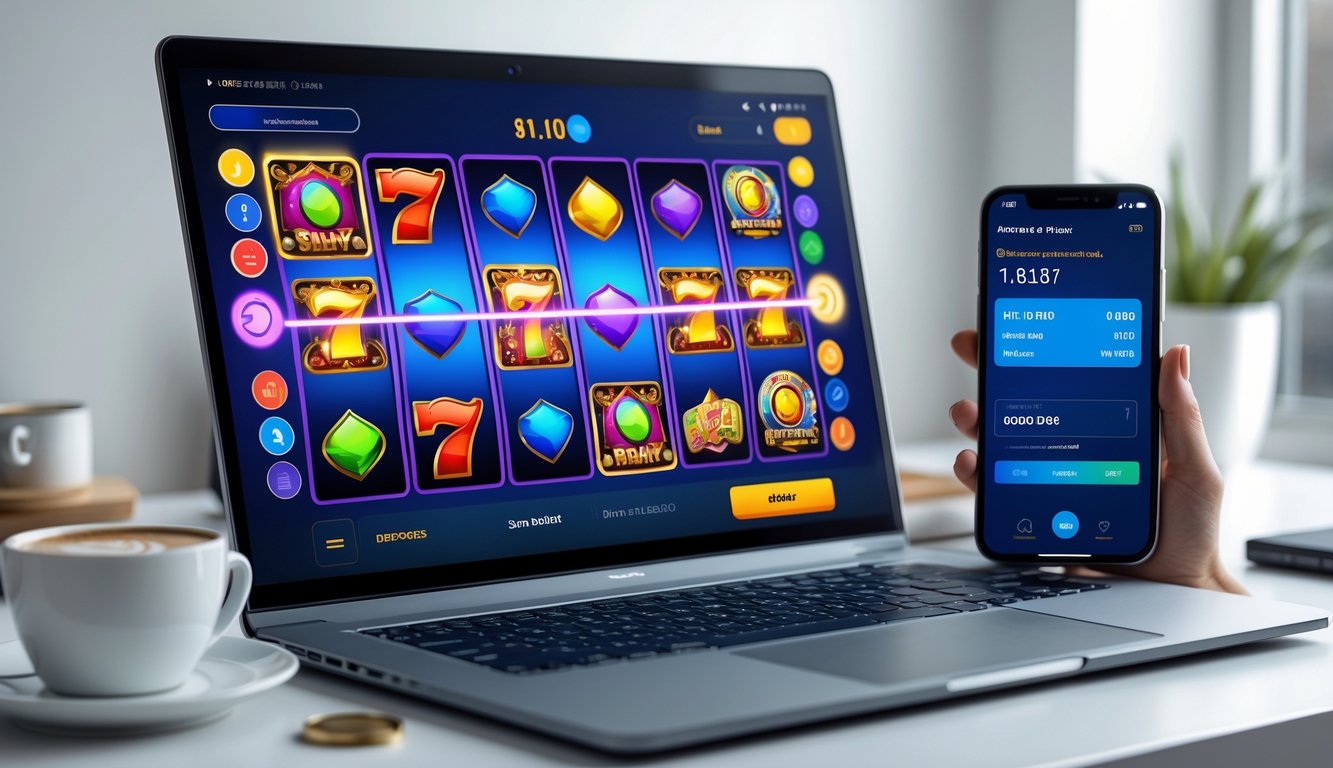 Seseorang menggunakan laptop dan smartphone untuk bermain slot online dengan aplikasi dompet digital terbuka di meja kerja yang rapi.