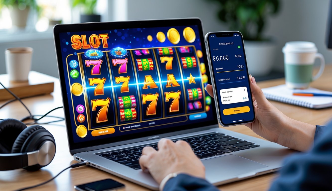 Seorang pengguna sedang bermain mesin slot online di komputer dengan ponsel di samping yang menampilkan aplikasi dompet digital.