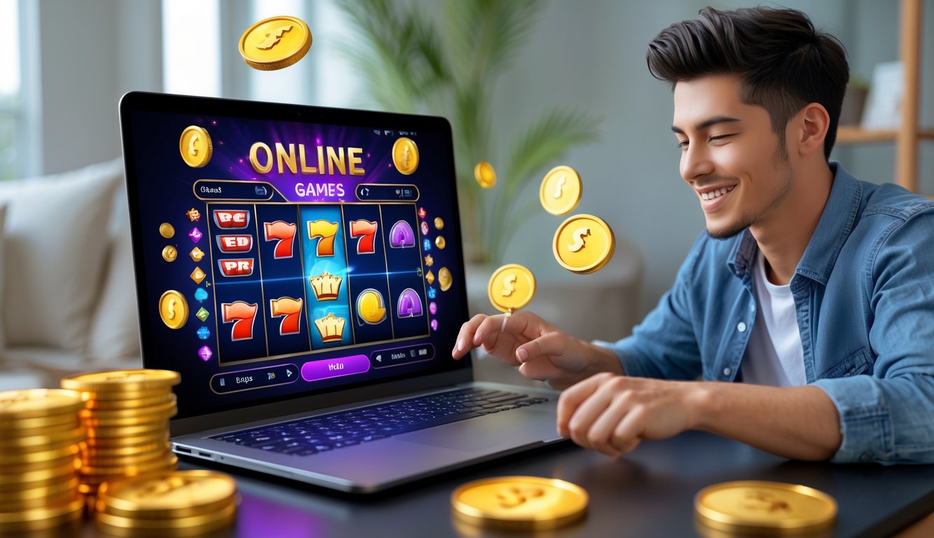 Seseorang sedang bermain permainan slot online di komputer dengan suasana ruangan yang nyaman.