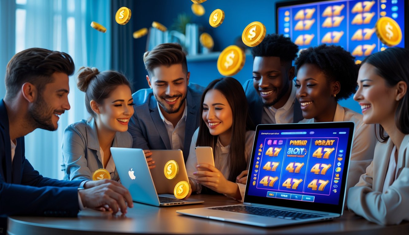 Sekelompok orang muda yang senang bermain permainan slot online di laptop dan ponsel di sebuah ruangan modern.