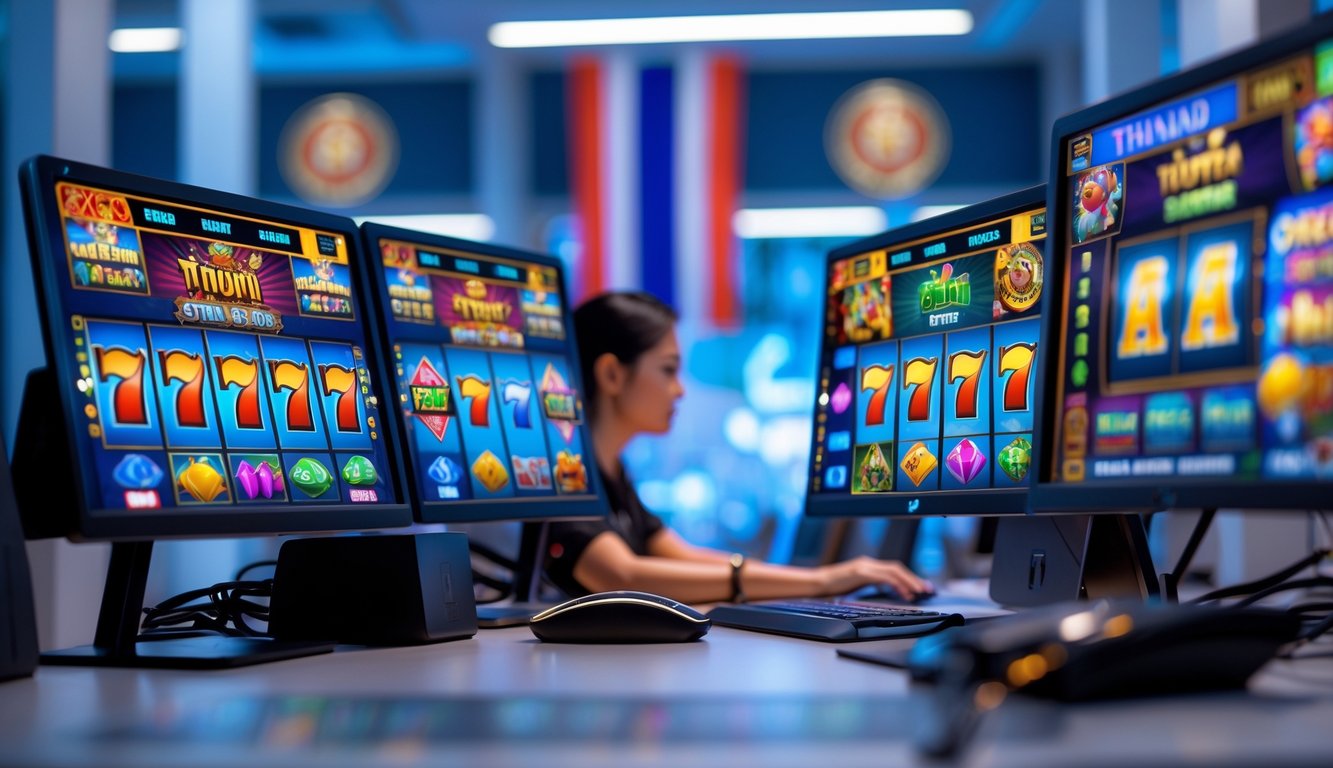 Seseorang sedang bermain permainan slot online di depan komputer dengan latar belakang elemen khas Thailand.