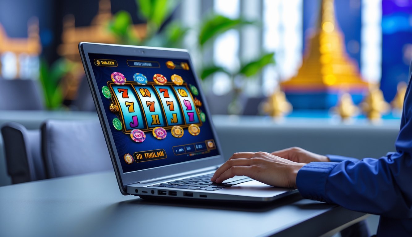 Seseorang menggunakan laptop dengan tampilan permainan slot online di layar, latar belakang menampilkan elemen budaya Thailand.