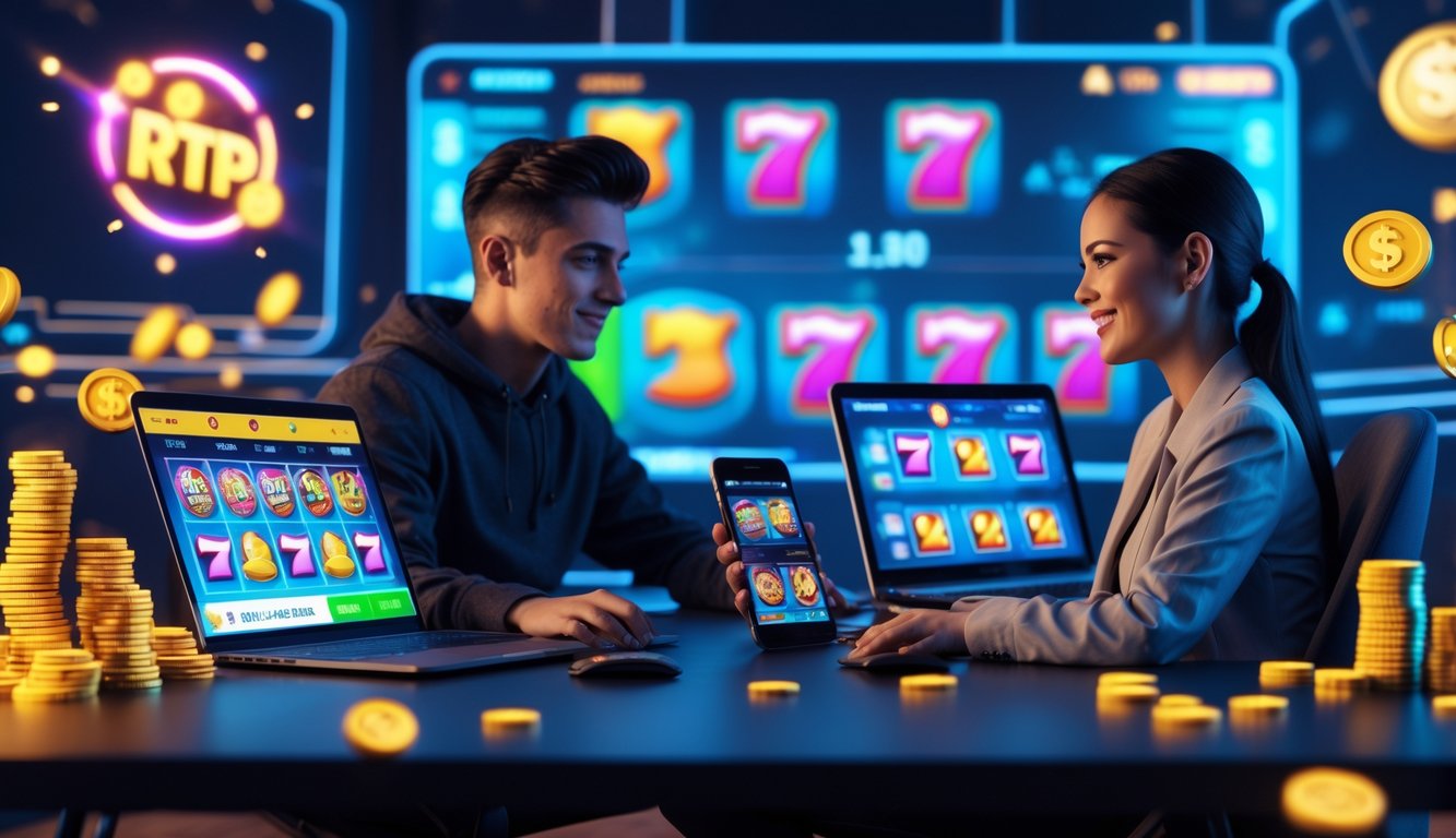 Dua orang muda sedang bermain slot online di laptop dan ponsel di ruangan modern dengan suasana fokus dan penuh semangat.