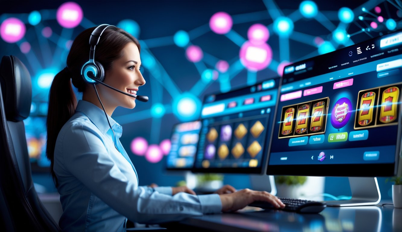 Seorang petugas layanan pelanggan sedang bekerja di depan komputer dengan layar menampilkan permainan slot online.