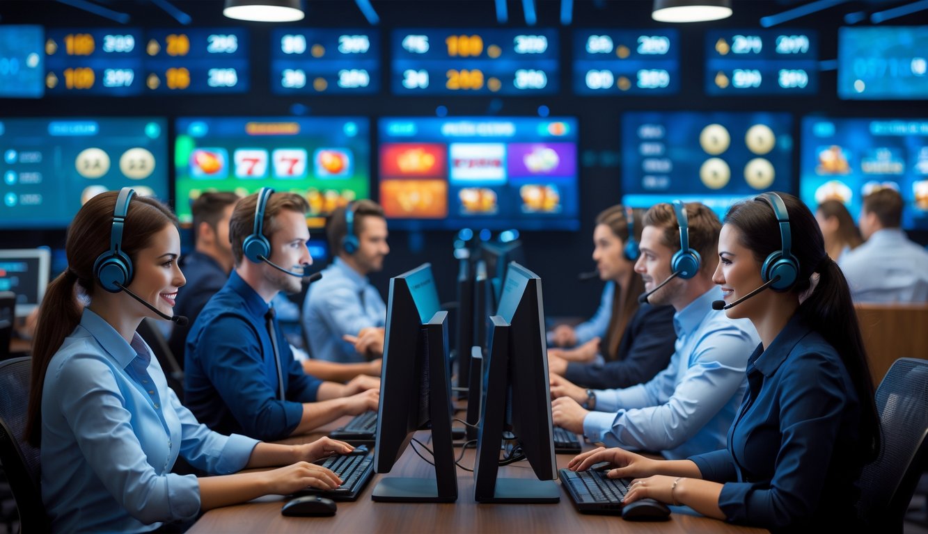 Tim layanan pelanggan yang ramah bekerja di pusat layanan dengan komputer dan layar menampilkan permainan slot online.