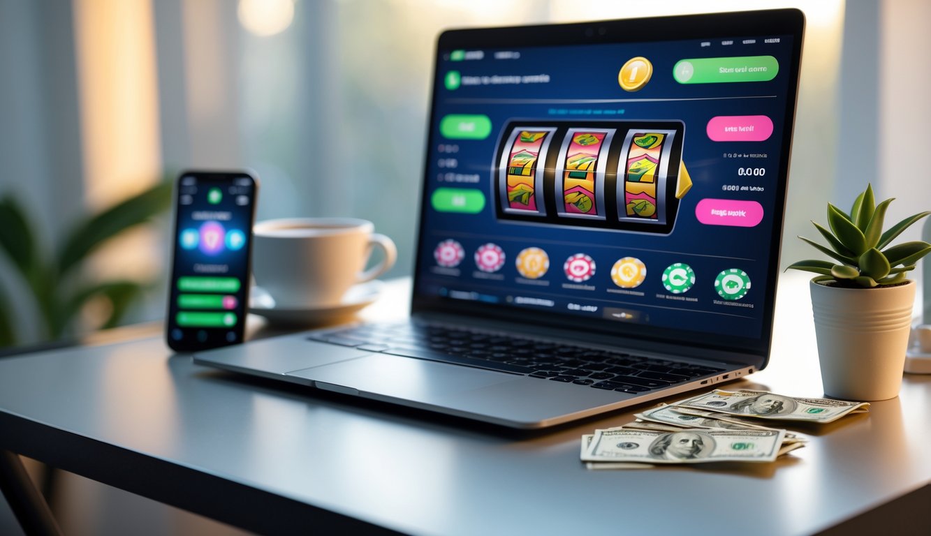 Seorang pengguna sedang bermain permainan slot online di laptop dengan uang rupiah dan ponsel di meja.