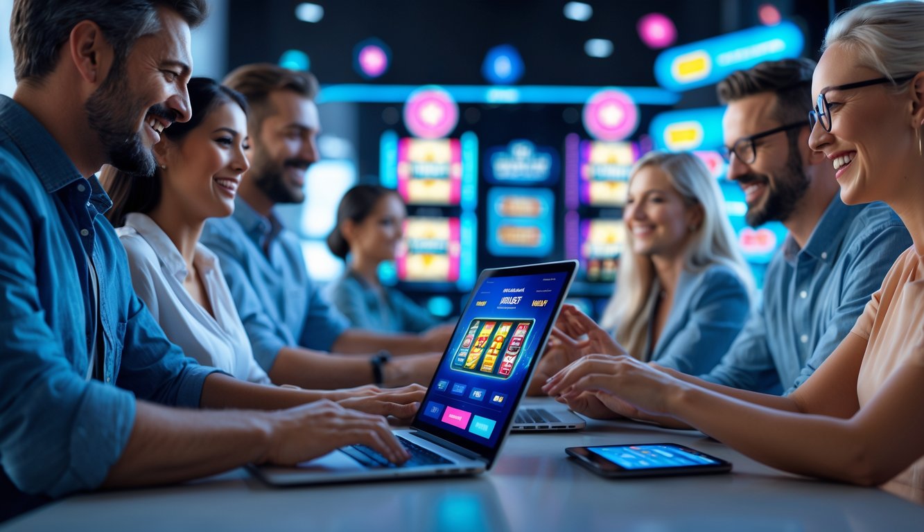Sekelompok orang menggunakan laptop dan ponsel untuk bermain permainan slot online dengan suasana ceria dan modern.
