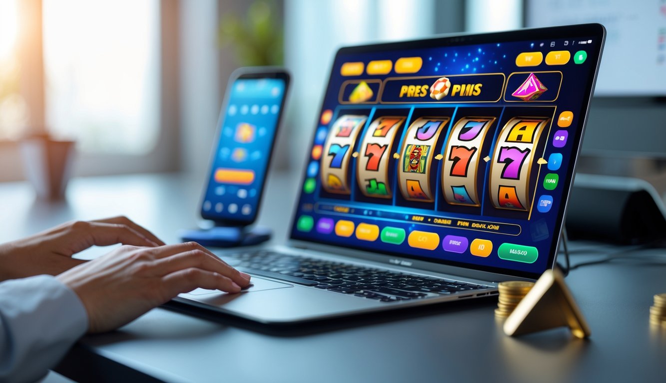 Seseorang menggunakan laptop dengan layar menampilkan permainan slot online di meja kerja yang rapi dan terang.